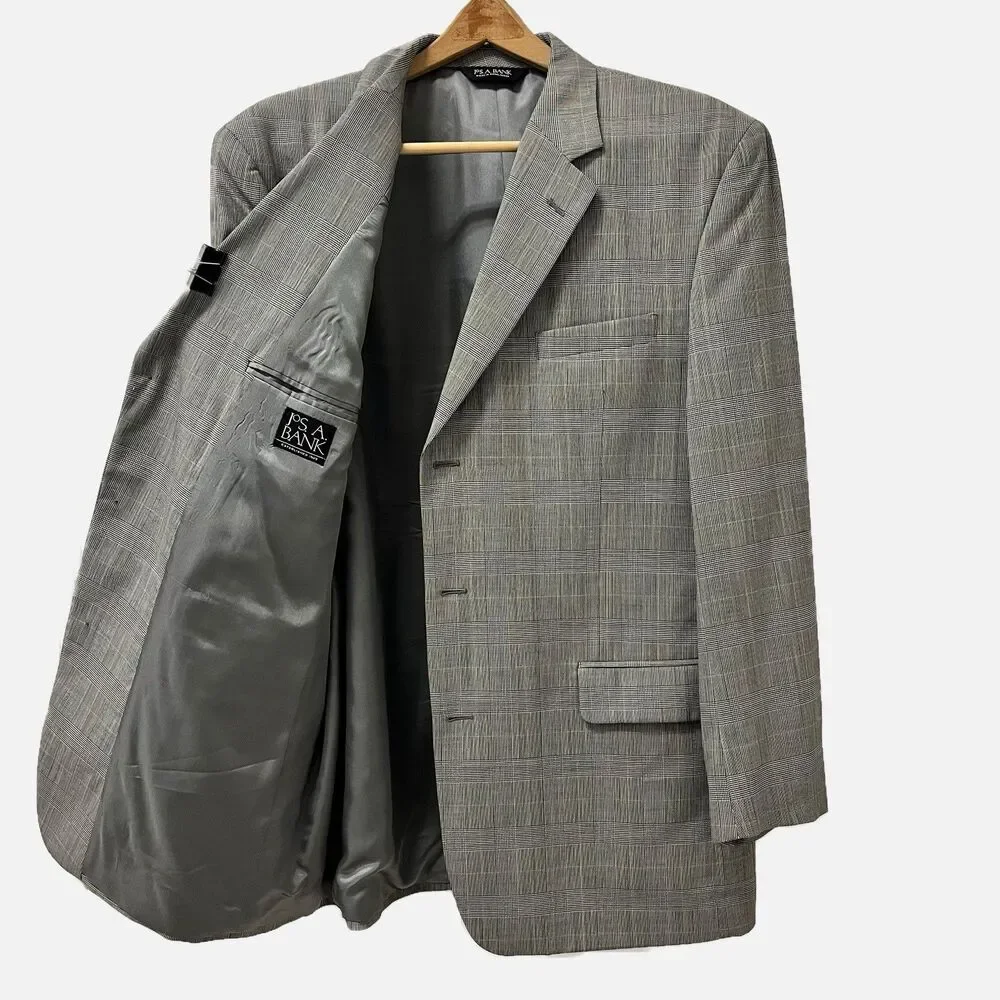 Jos. A Bank Men’s 46L Wool Grey Glen Plaid Blazer Jacket Coat